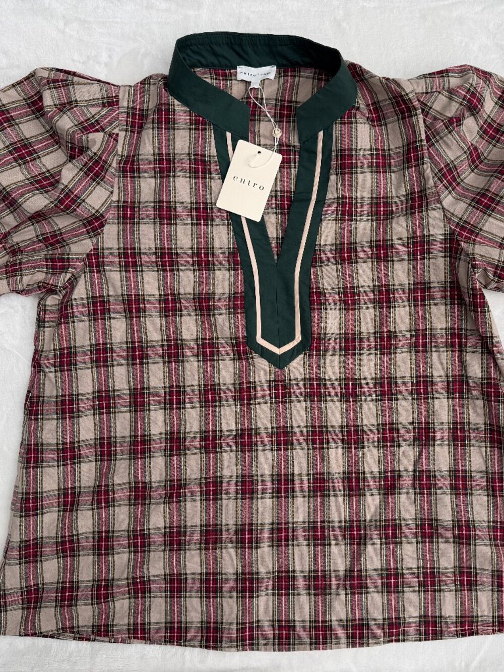 NWT Entro Wanting You More Plaid Puff Sleeve Top, XL